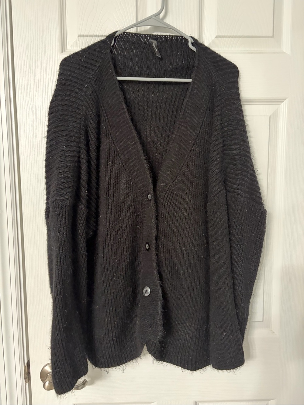 Women's Black Ribbed Button-Front Cardigan Sweater